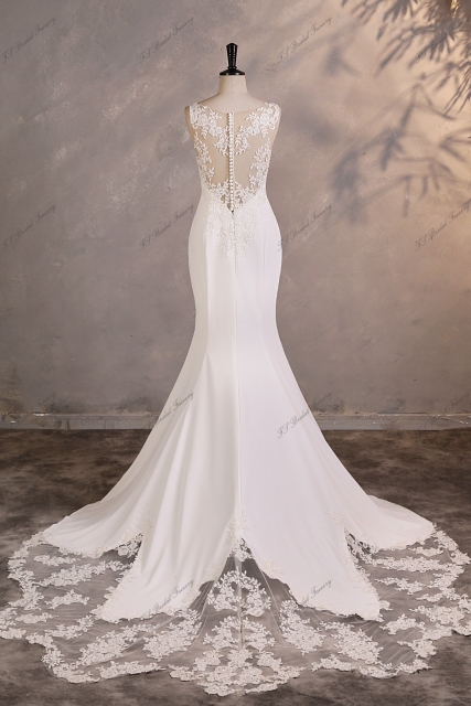 Crepe Mermaid Wedding Dress With Buttons Illusion Back And Floral Lace Skirt Trim