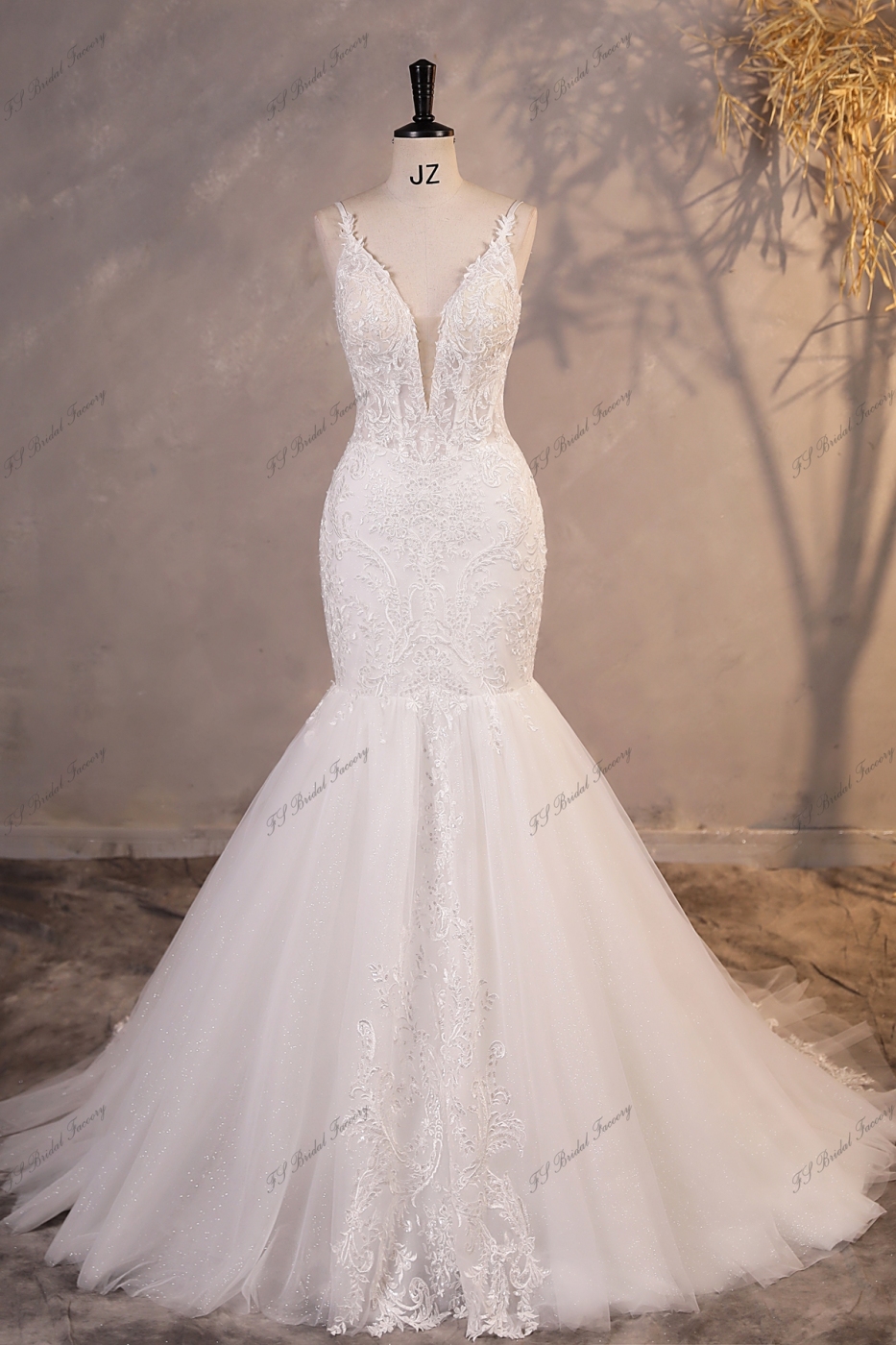 Glitter Tulle Mermaid Wedding Dress With Deep V-neck And Lace Appliqués