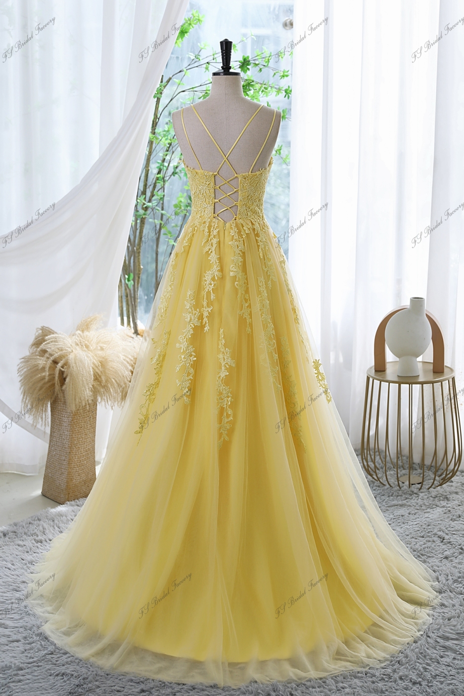 Tulle Prom Gown With Double Spaghetti Straps And Floral Appliqués