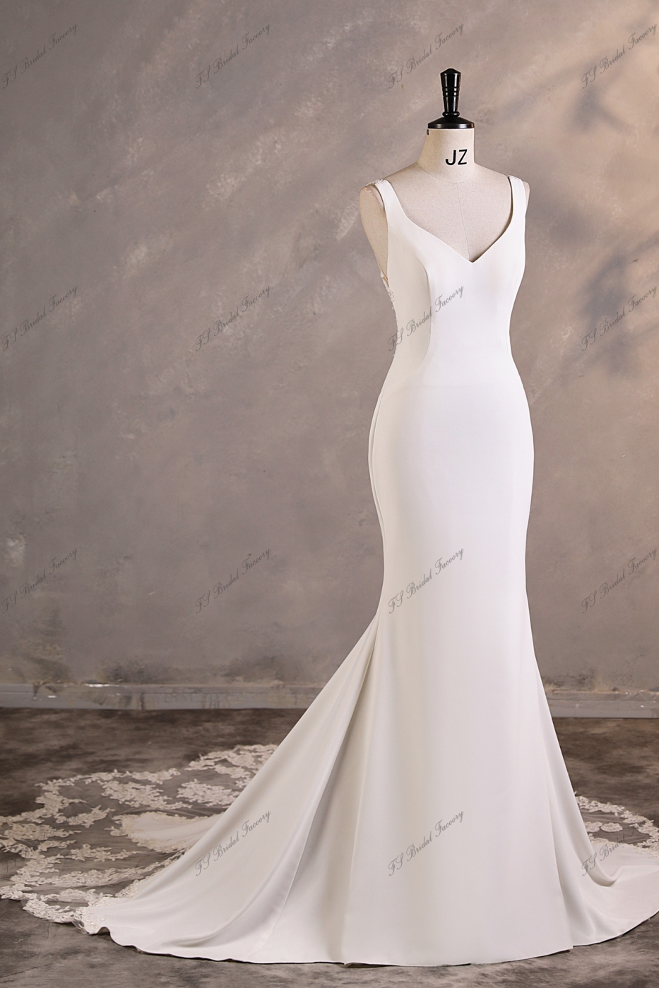 Crepe Mermaid Wedding Dress With Buttons Illusion Back And Floral Lace Skirt Trim