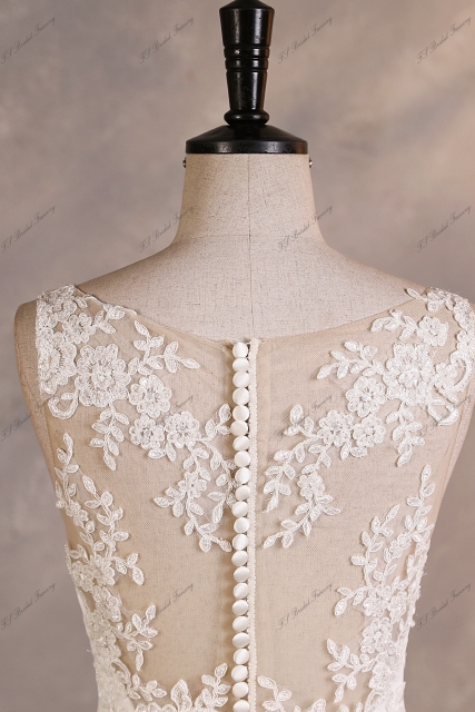 Crepe Mermaid Wedding Dress With Buttons Illusion Back And Floral Lace Skirt Trim