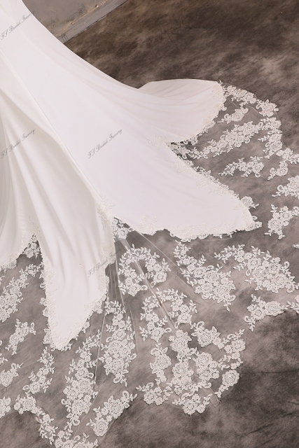 Crepe Mermaid Wedding Dress With Buttons Illusion Back And Floral Lace Skirt Trim