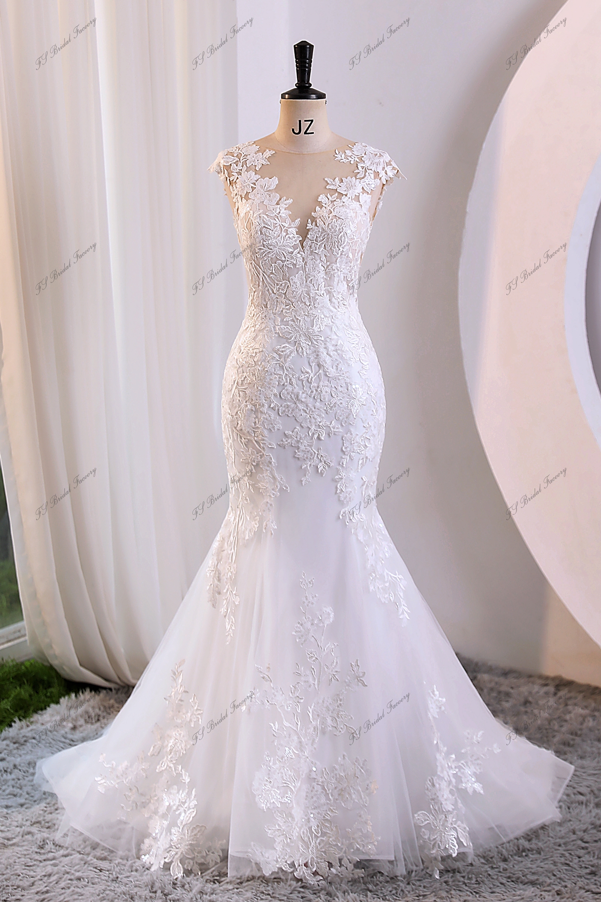 Trumpet/Mermaid V-neck Illusion Back Satin Wedding Dress OW245 main image 0