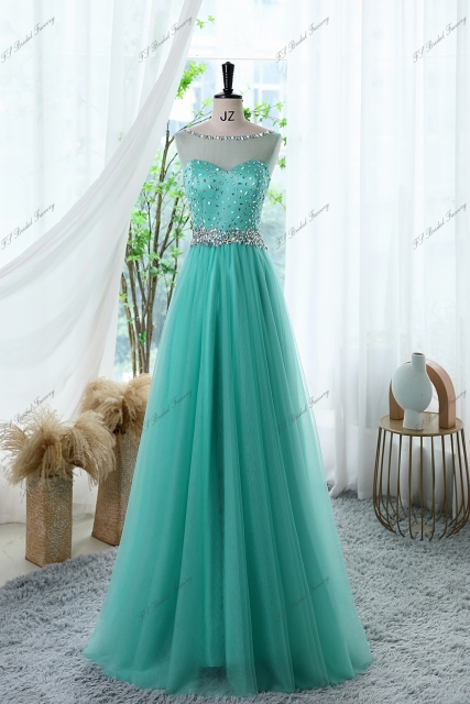 A-line Prom Gown With Illusion Bateau Neckline And Crystal Beaded Waistband