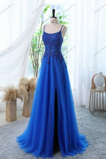 Glitter Tulle Prom Gown With Spaghetti Straps And High Split