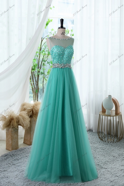 A-line Prom Gown With Illusion Bateau Neckline And Crystal Beaded Waistband