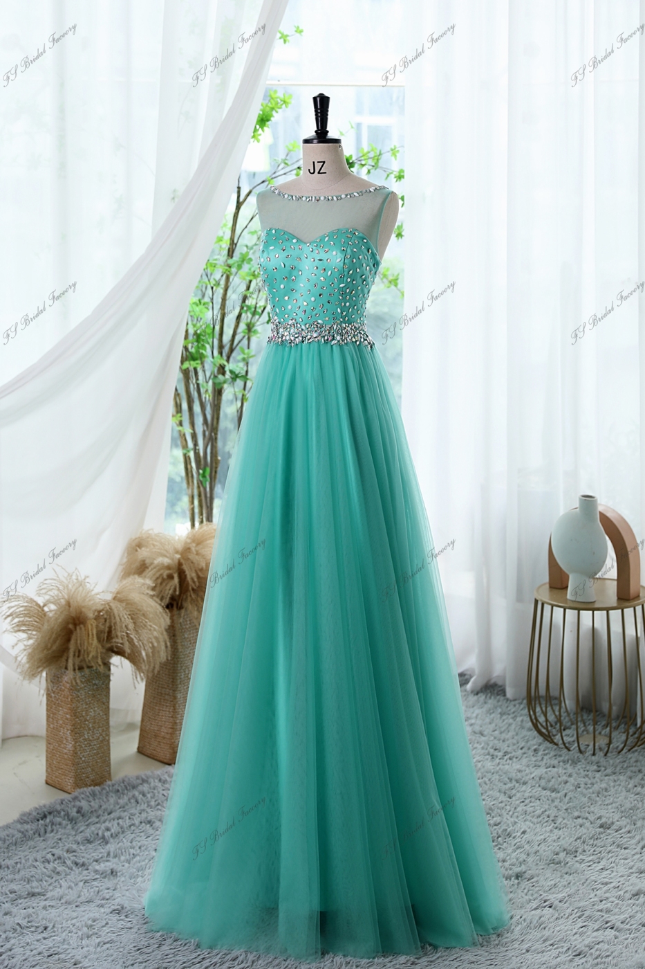 A-line Prom Gown With Illusion Bateau Neckline And Crystal Beaded Waistband