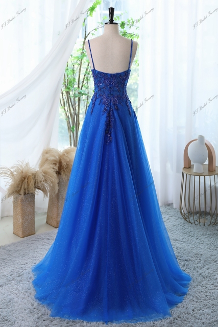 Glitter Tulle Prom Gown With Spaghetti Straps And High Split