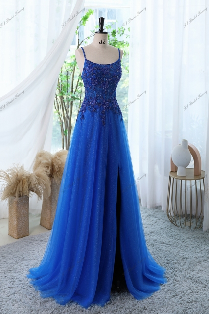 Glitter Tulle Prom Gown With Spaghetti Straps And High Split