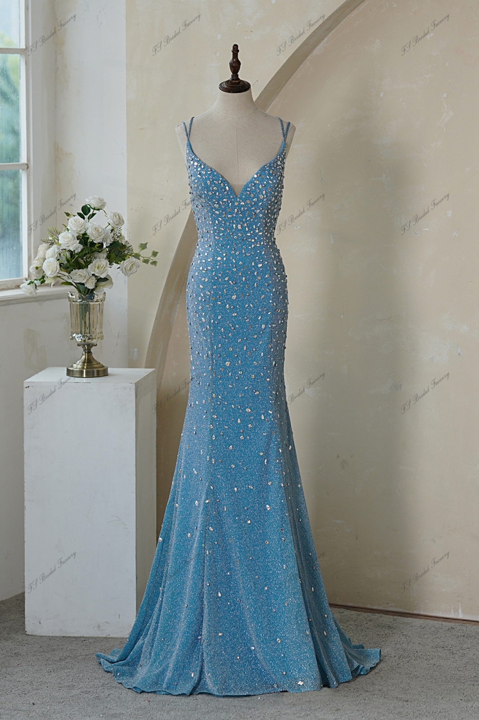 Glitter Mermaid Prom Gown with Crisscrossing Strappy Back