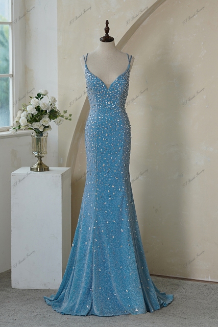 Glitter Mermaid Prom Gown with Crisscrossing Strappy Back