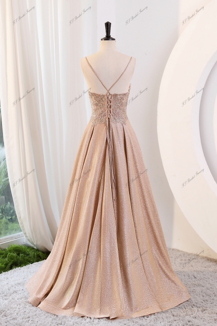 Glitter Prom Gown With Spaghetti Straps And Beading Lace Bodice