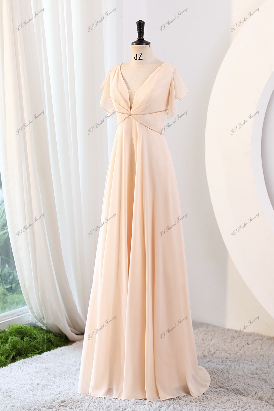 A-line Bridesmaid Dress With V-neck And Ruffled Sleeves