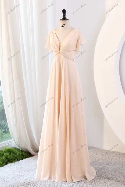 A-line Bridesmaid Dress With V-neck And Ruffled Sleeves