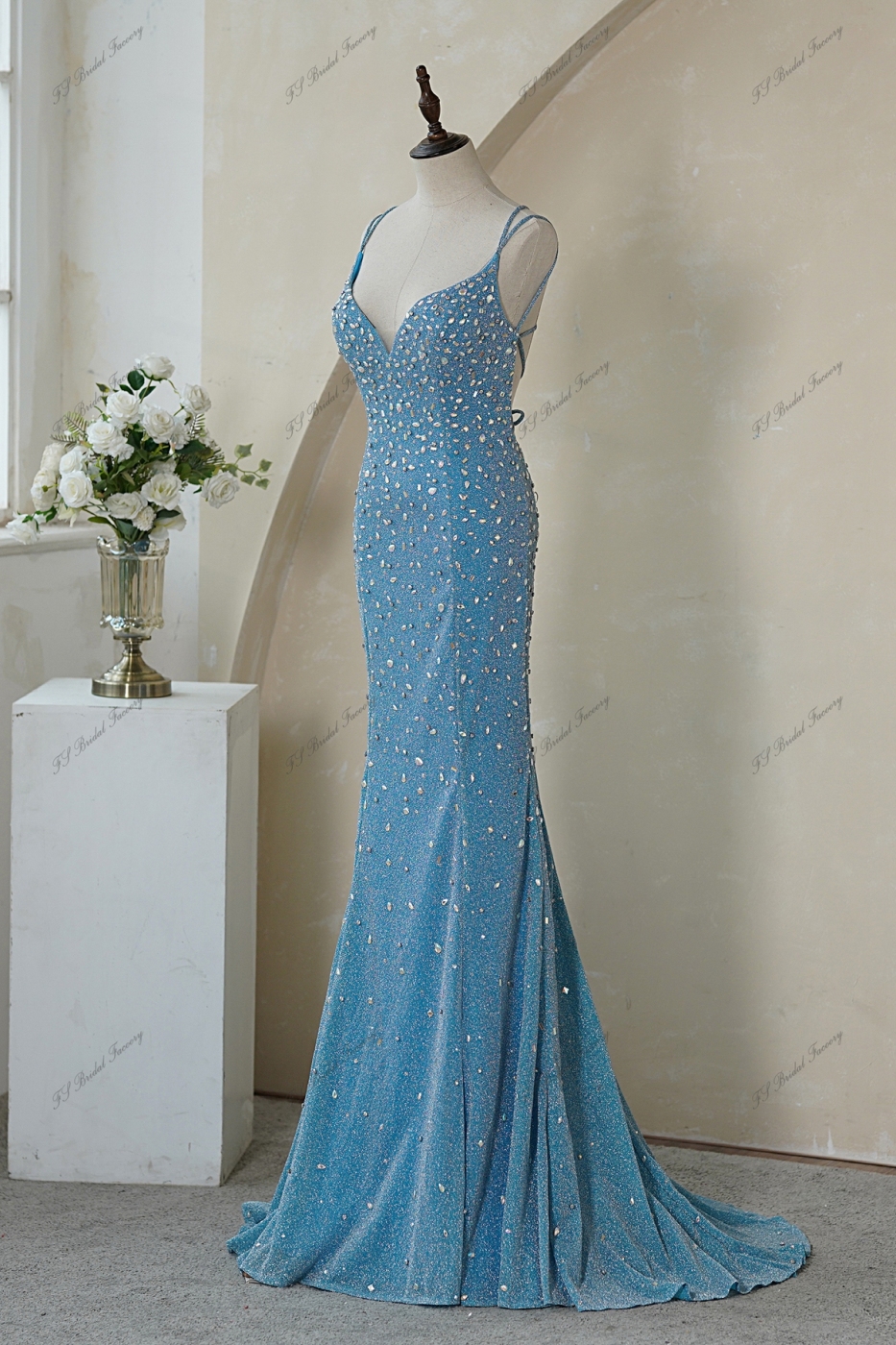 Glitter Mermaid Prom Gown with Crisscrossing Strappy Back