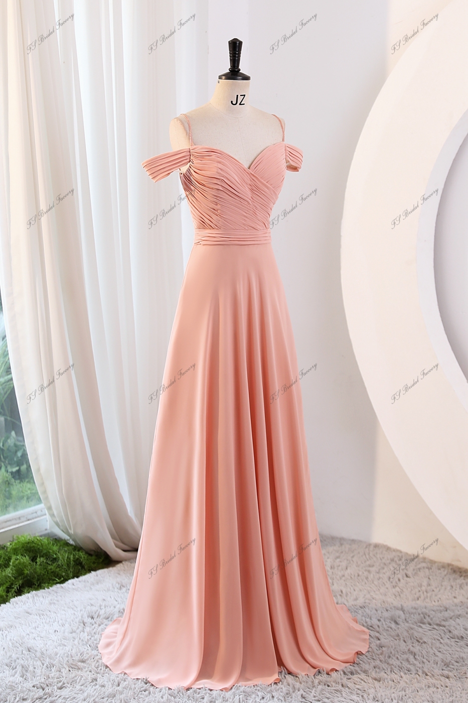 Elegant Pleated Chiffon Sweetheart With off the shoulder Floor Long Bridesmaid Dress