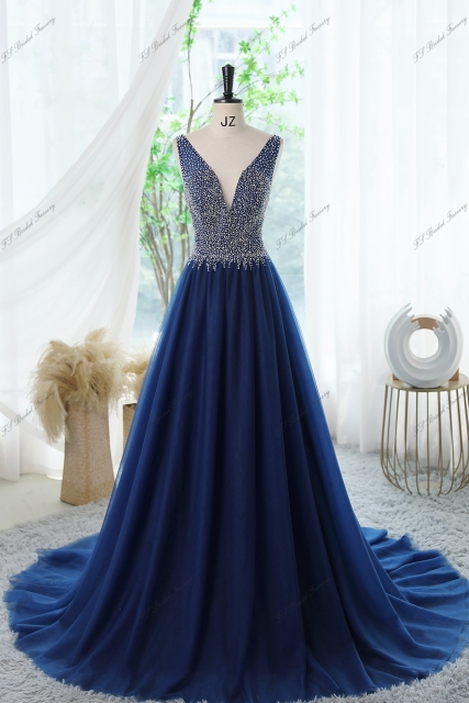 Tulle A-line Prom Gown With Crystal And Moonstone Beading Bodice And V-back