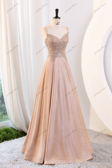 Glitter Prom Gown With Spaghetti Straps And Beading Lace Bodice