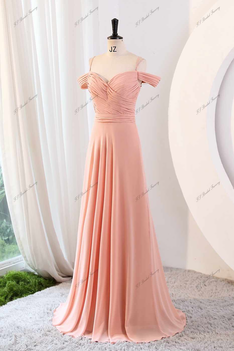 Elegant Pleated Chiffon Sweetheart With off the shoulder Floor Long Bridesmaid Dress