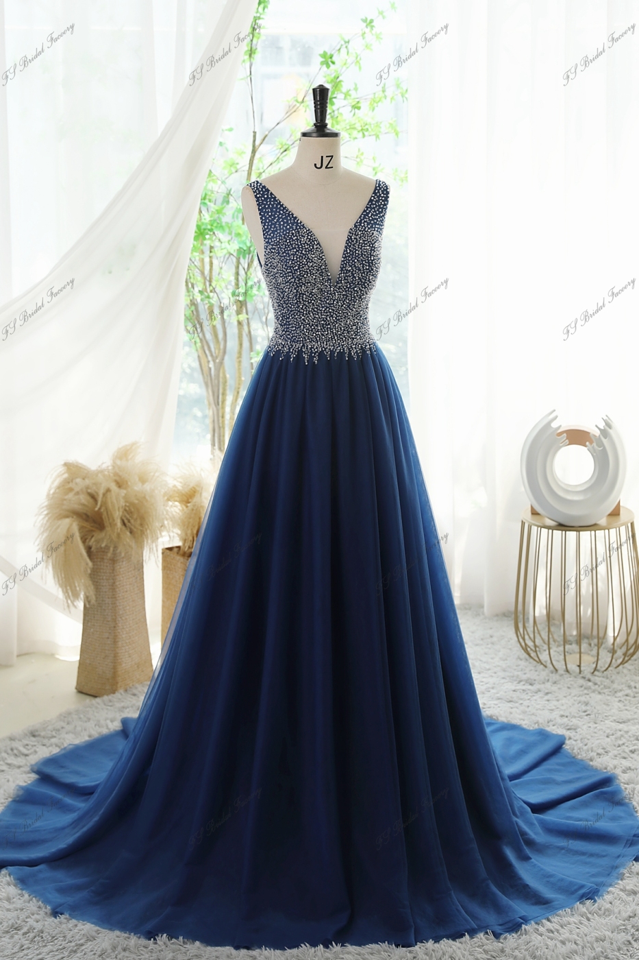 Tulle A-line Prom Gown With Crystal And Moonstone Beading Bodice And V-back