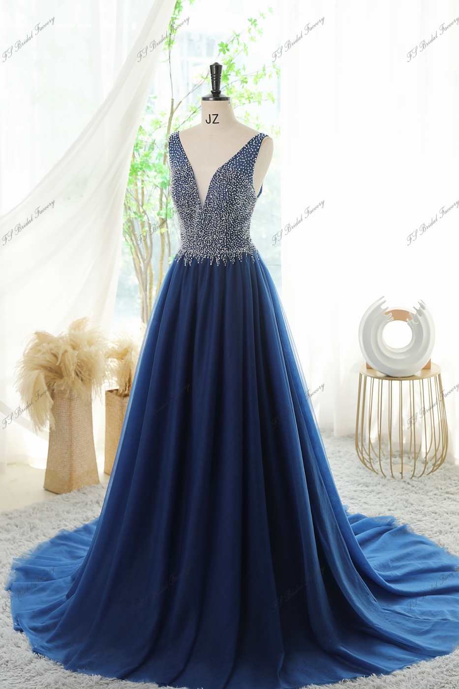 Tulle A-line Prom Gown With Crystal And Moonstone Beading Bodice And V-back