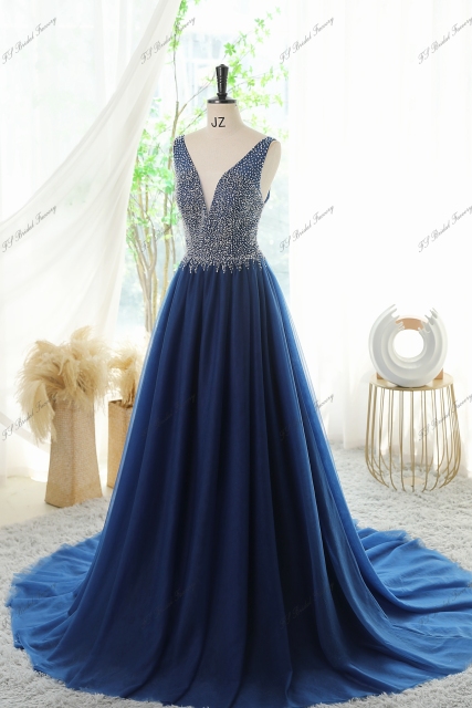 Tulle A-line Prom Gown With Crystal And Moonstone Beading Bodice And V-back