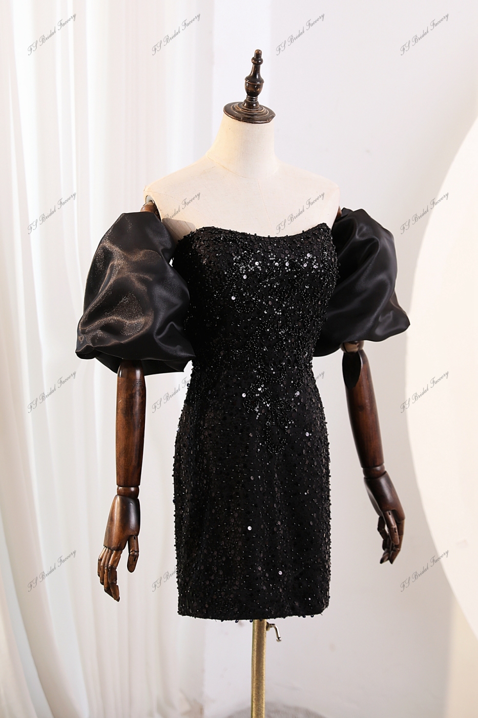 Beading Straight Neckline Party Dress With Detachable Pouf Sleeves