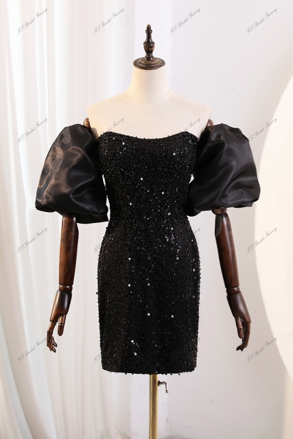 Beading Straight Neckline Party Dress With Detachable Pouf Sleeves