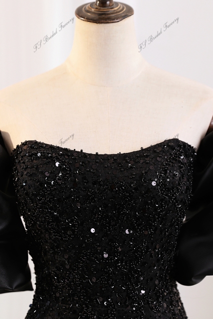 Beading Straight Neckline Party Dress With Detachable Pouf Sleeves
