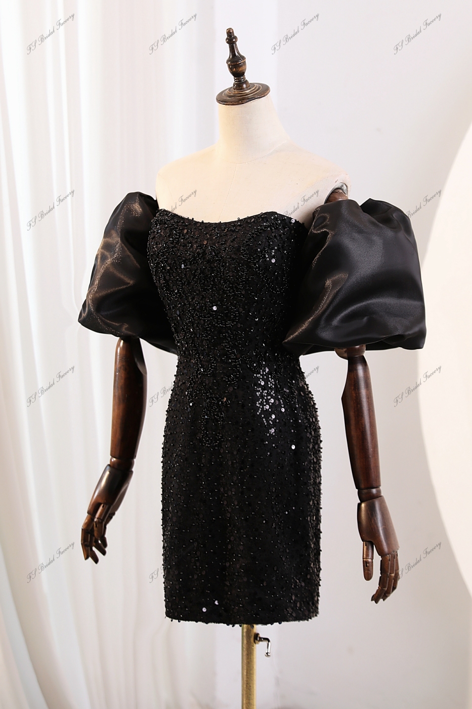 Beading Straight Neckline Party Dress With Detachable Pouf Sleeves