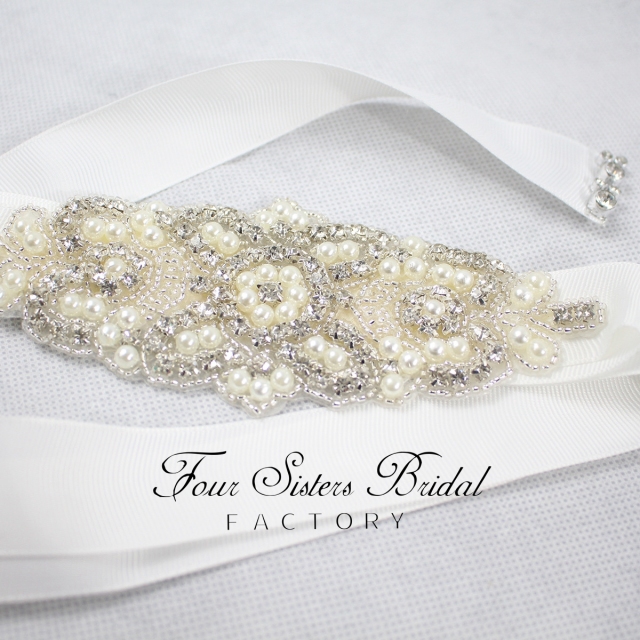Wholesale Sparkly Rhinestones Pearls Satin Ties Sash