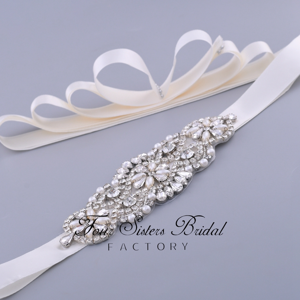 Shiny Silver Crystal Satin Bridal Belt Wholesale