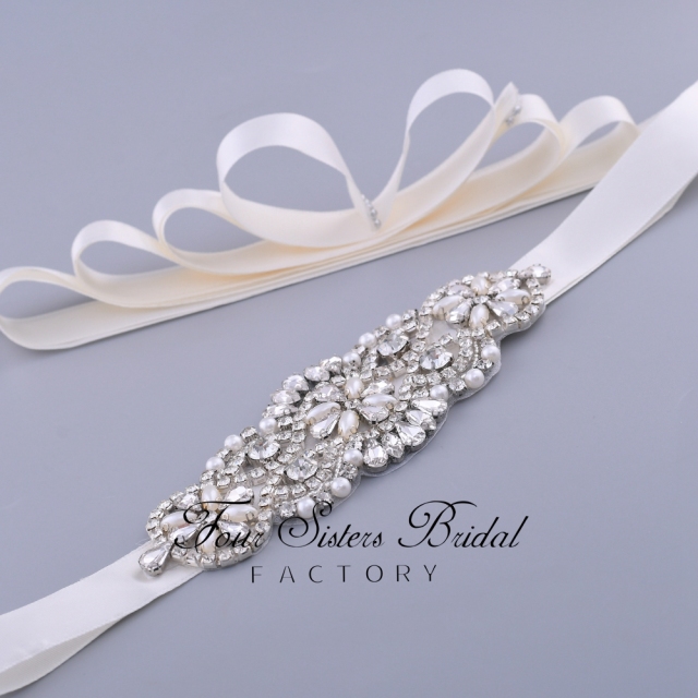 Shiny Silver Crystal Satin Bridal Belt Wholesale