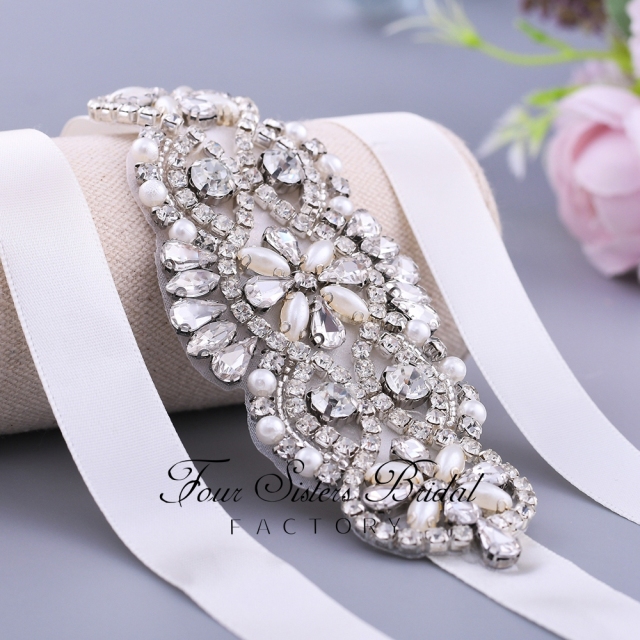 Shiny Silver Crystal Satin Bridal Belt Wholesale