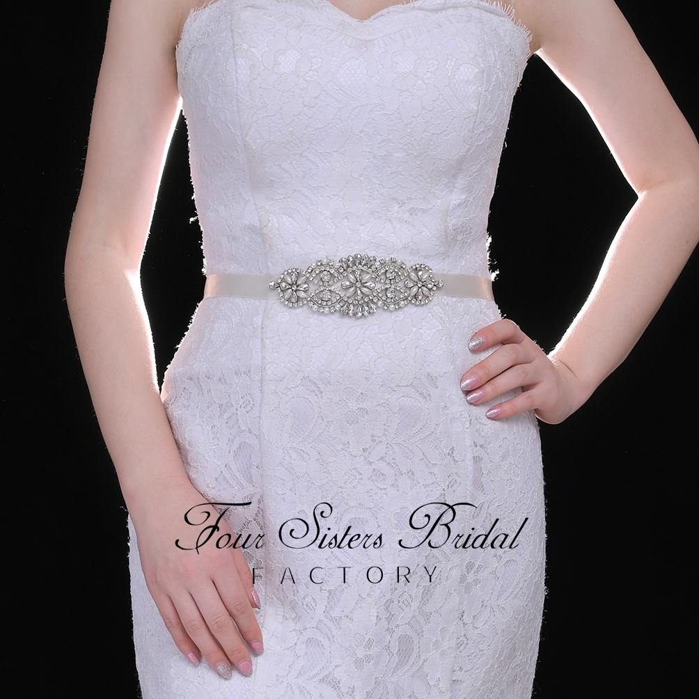 Shiny Silver Crystal Satin Bridal Belt Wholesale