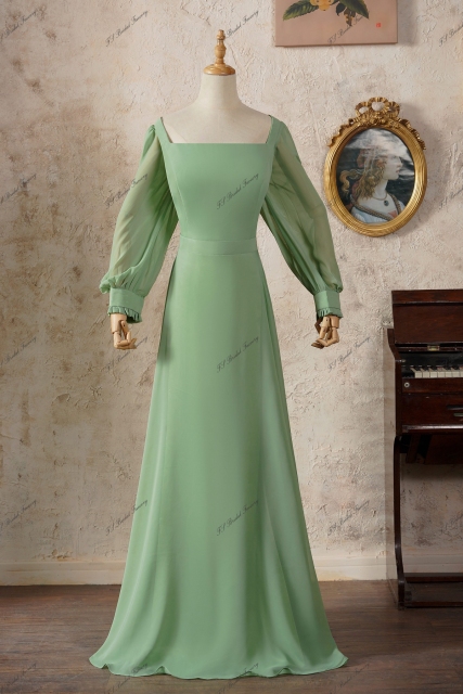 Elegant Long Sleeve Square Neckline Bridesmaid Dress