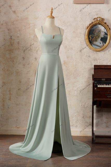 A line Satin Long Tulle Prom Dress