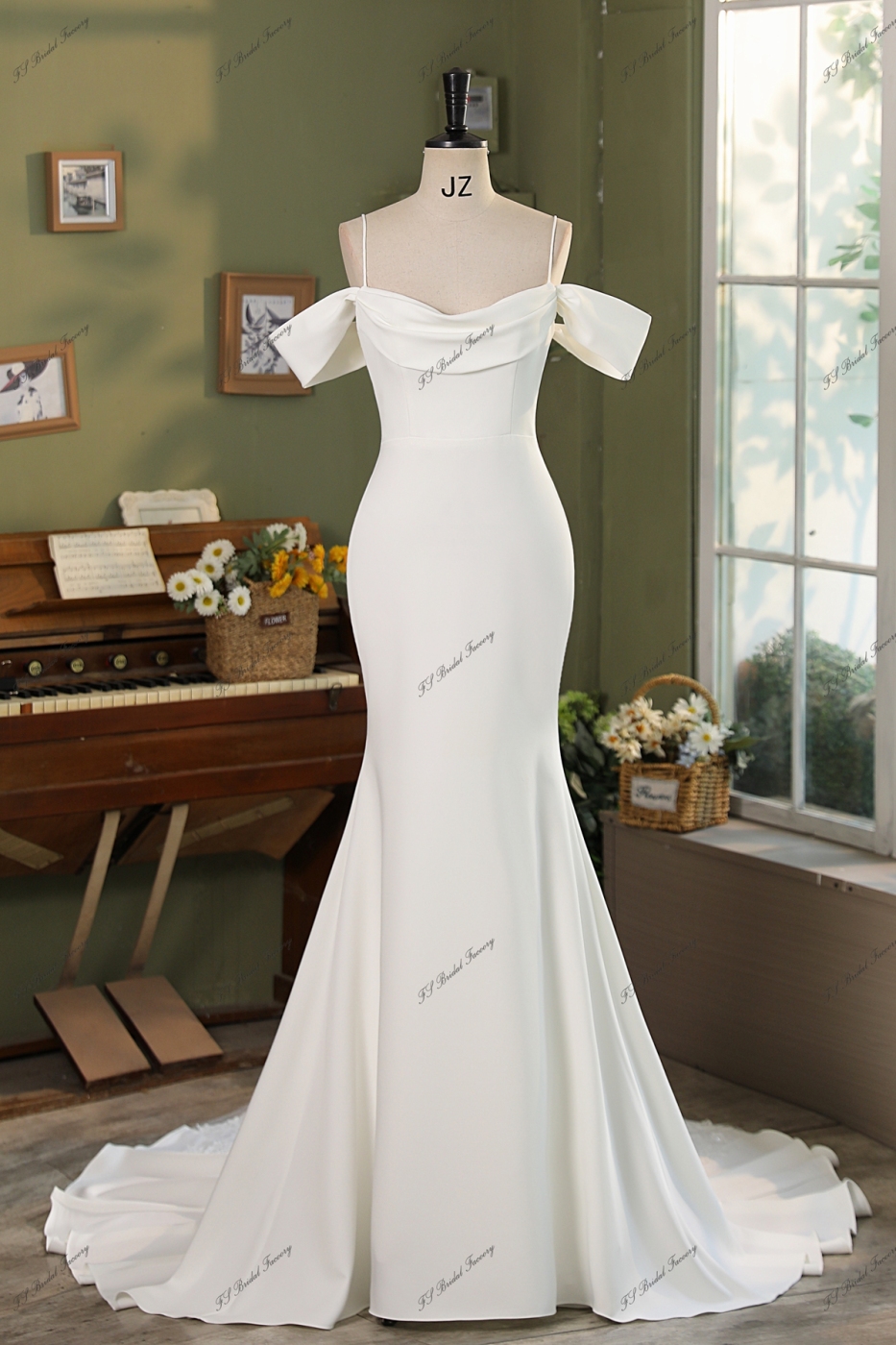Fitted 3D Flowers Off Shoulder Crepe Bridal Dress