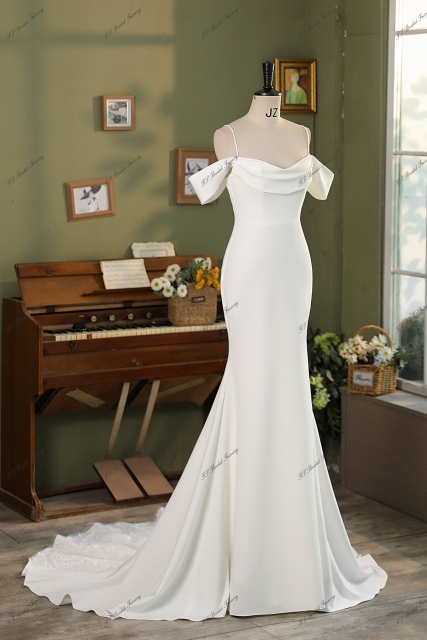 Fitted 3D Flowers Off Shoulder Crepe Bridal Dress