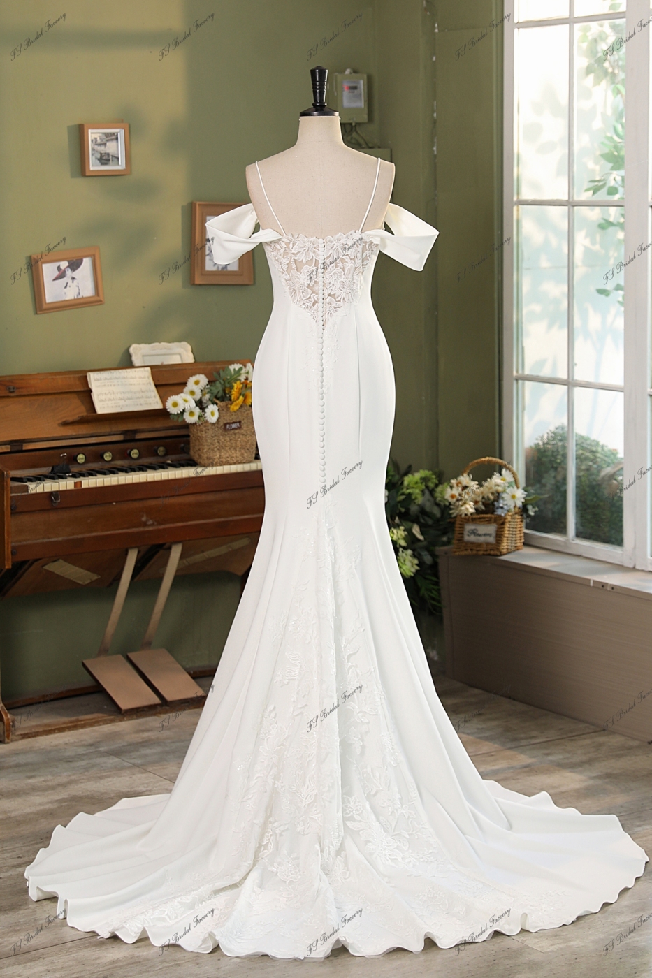 Fitted 3D Flowers Off Shoulder Crepe Bridal Dress