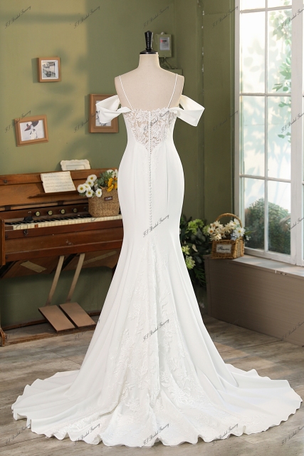 Fitted 3D Flowers Off Shoulder Crepe Bridal Dress