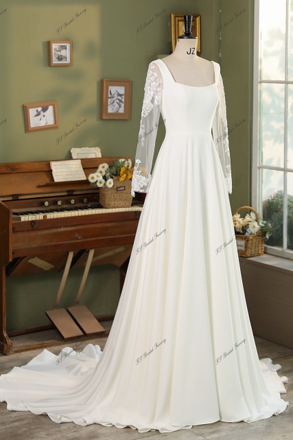 Detached Sleeve Soft A Line Crepe Bridal Gown