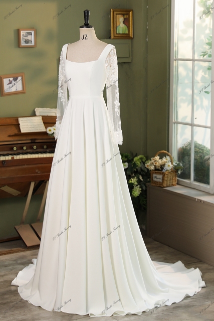 Detached Sleeve Soft A Line Crepe Bridal Gown