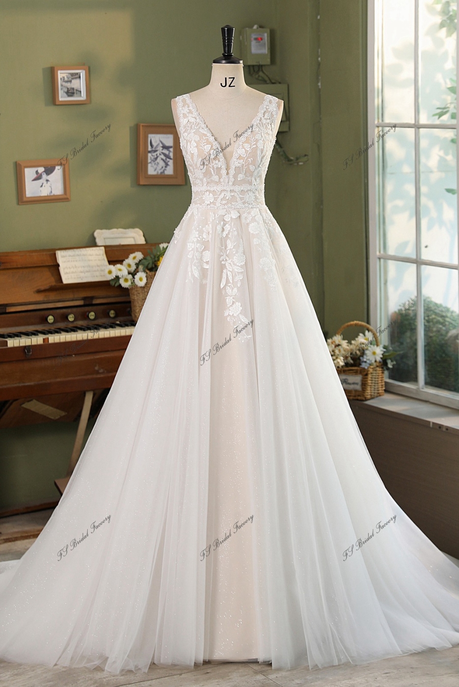 V Neckline A Line Wedding Dress With Beading