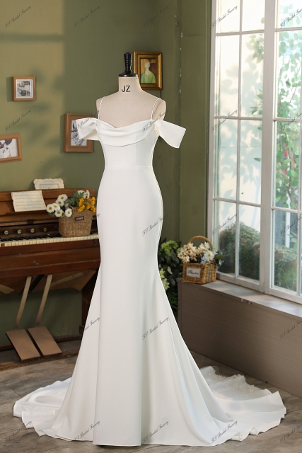 Fitted 3D Flowers Off Shoulder Crepe Bridal Dress