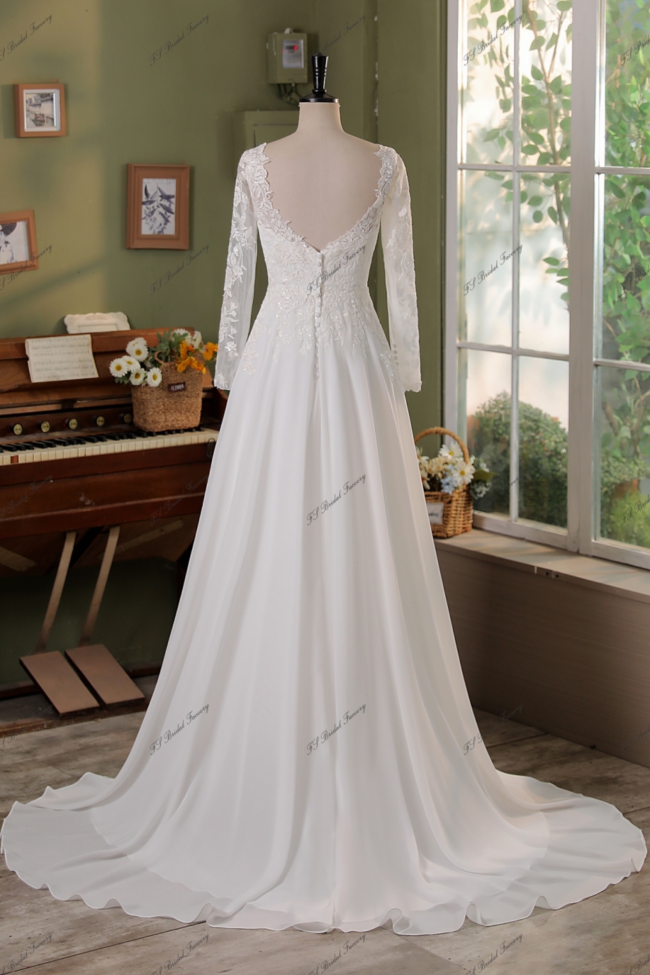 Long Sleeve Beading Lace A Line Chiffon  Wedding Dress