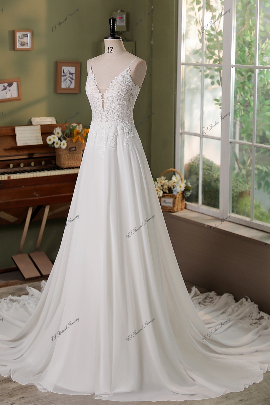 Spaghetti Straps Lace A Line Chiffon Wedding Dress