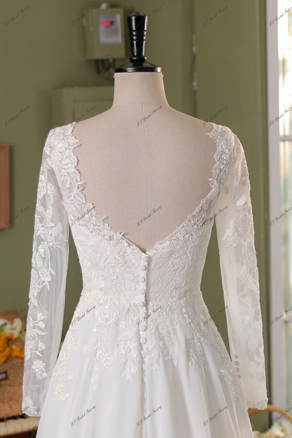 Long Sleeve Beading Lace A Line Chiffon  Wedding Dress