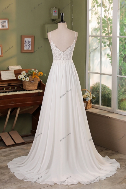 Spaghetti Straps Lace A Line Chiffon  Wedding Dress