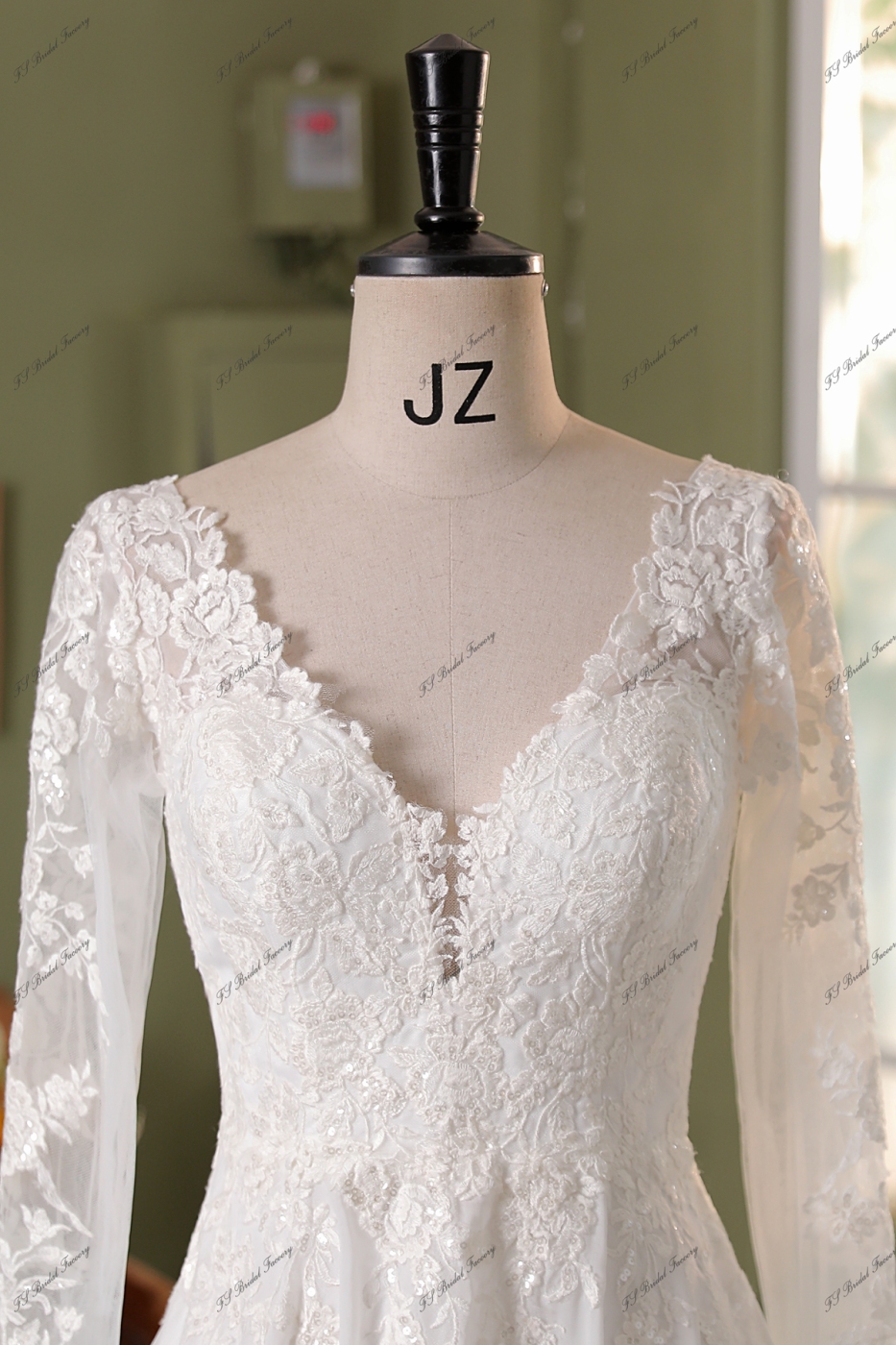 Long Sleeve Beading Lace A Line Chiffon  Wedding Dress